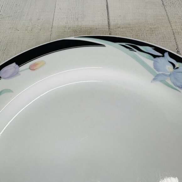 Excel CARAVEL Pink Purple Floral Iris Tulips Black Border Dinner Plates Set of 4 - Picture 12 of 16